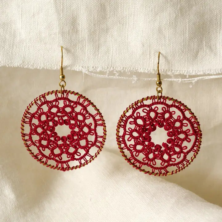 EARRING RED MEDALLION TATTED DROP