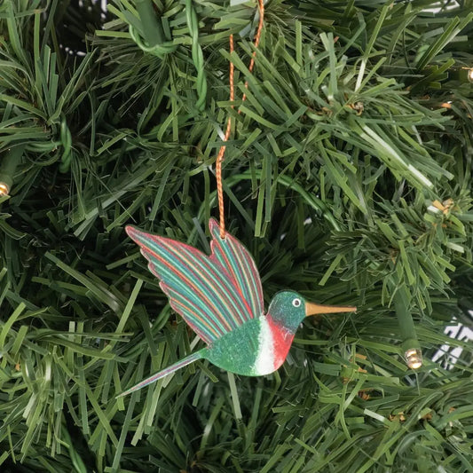 ORNAMENT WOOD RUBY HUMMINGBIRD
