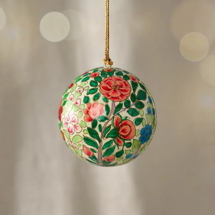 ORNAMENT AMEER BALL PAPER MAVHE FLORAL WHITE